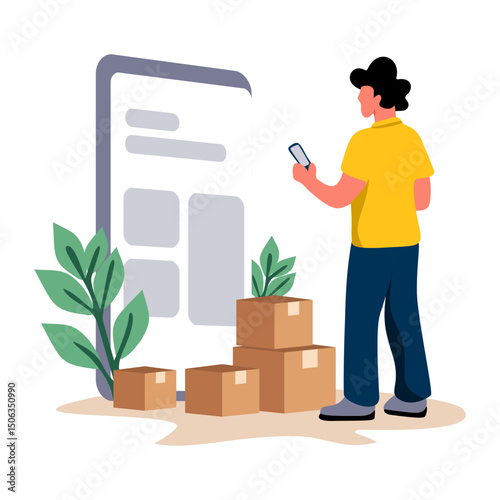 Flat illustration of a person with a smartphone surrounded by boxes. Perfect for UI kits, delivery apps, online tracking, or e-commerce logistics. Depicts modern, connected shipping services