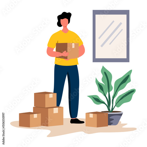 Flat illustration of a person holding a box and a plant next to a mirror. Ideal for UI kits, moving services, home delivery, or packing guides. Shows careful, organized relocation.