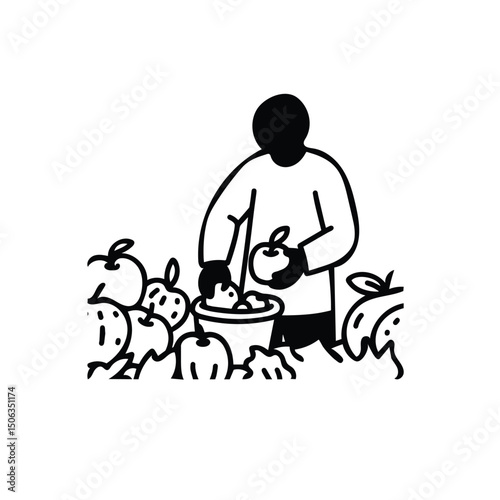 Faceless Person Picking Apples in Autumn – Thick Line Art Harvest Season Vector