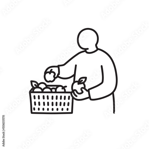 Faceless Person Picking Apples in Autumn – Thick Line Art Harvest Season Vector