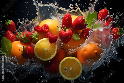 A splash of water with a fresh mix fruits in it