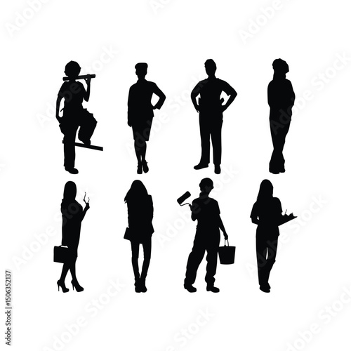 Man with Shovel Silhouette Vector Set Depicting Worker and Farmer Action Poses for Agriculture Construction and Outdoor Labor Themes on White Background