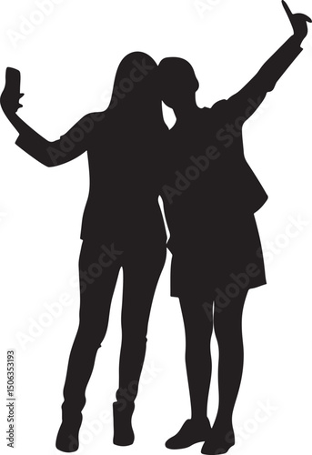 Selfie silhouette: Two women with silhouette pose, taking a selfie against an unknown backdrop. The minimalist outline captures the essence of modern communication and connection.