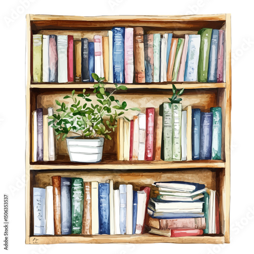 watercolor of Bookshelf, vector high quality, isolated on a white background.