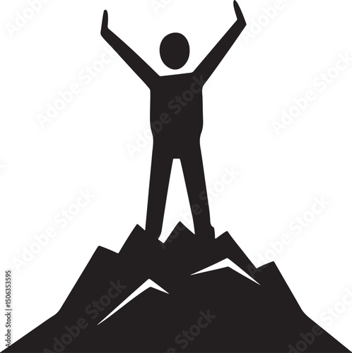 Reaching New Heights: Silhouette of a figure exulting atop a rugged mountain, symbolizing triumph and attainment against challenges.