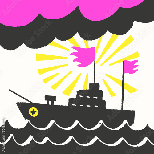 Bold Pop Art Warship at Sea – Vibrant Nautical Illustration with Flags and Clouds