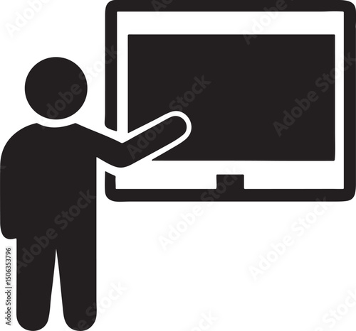 Digital Presentation: A stark silhouette depicts a person gesturing towards a blank digital screen, symbolizing technology, communication, and presentation.