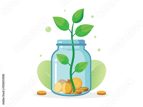 Growing money plant in glass jar illustration isolated on white background
