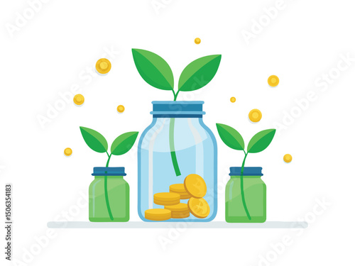 Growing money plant in jars isolated on white background
