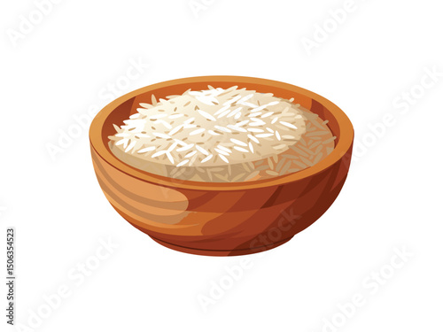 Wooden bowl of rice grains isolated on white background
