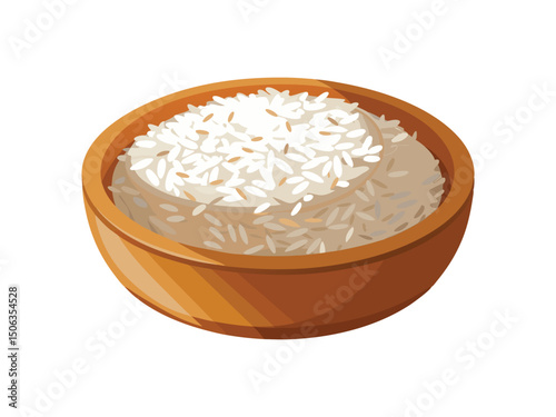 Wooden bowl of cooked rice isolated on white background

