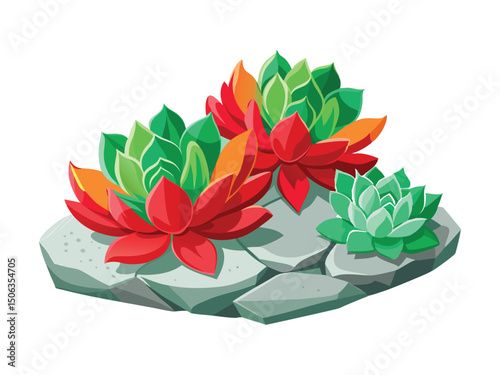 Colorful succulents on rocks isolated on white background
