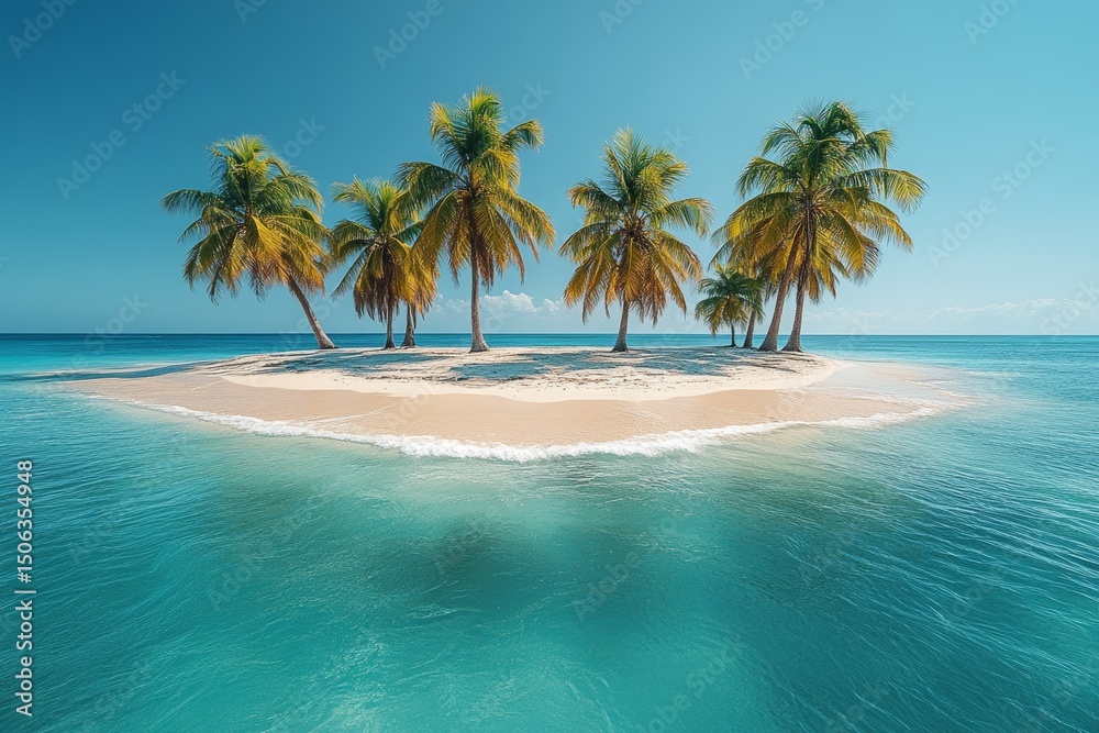 Obraz premium Tropical island paradise; palm trees, white sand, turquoise ocean; idyllic getaway