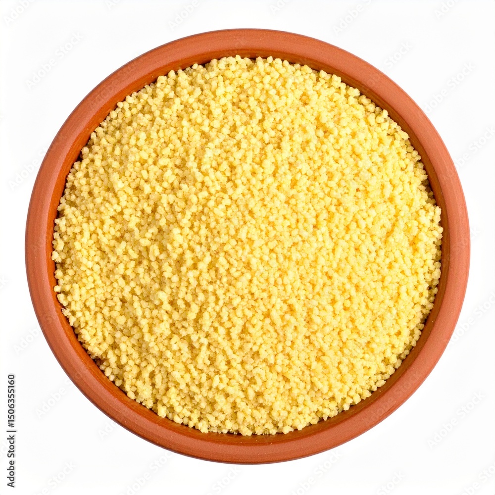 Couscous grains in bowl isolated on white background with full depth of field for Moroccan staple or healthy grain concept Couscous grains in bowl isolated on white background with full depth of field for Moroccan staple or healthy grain concept