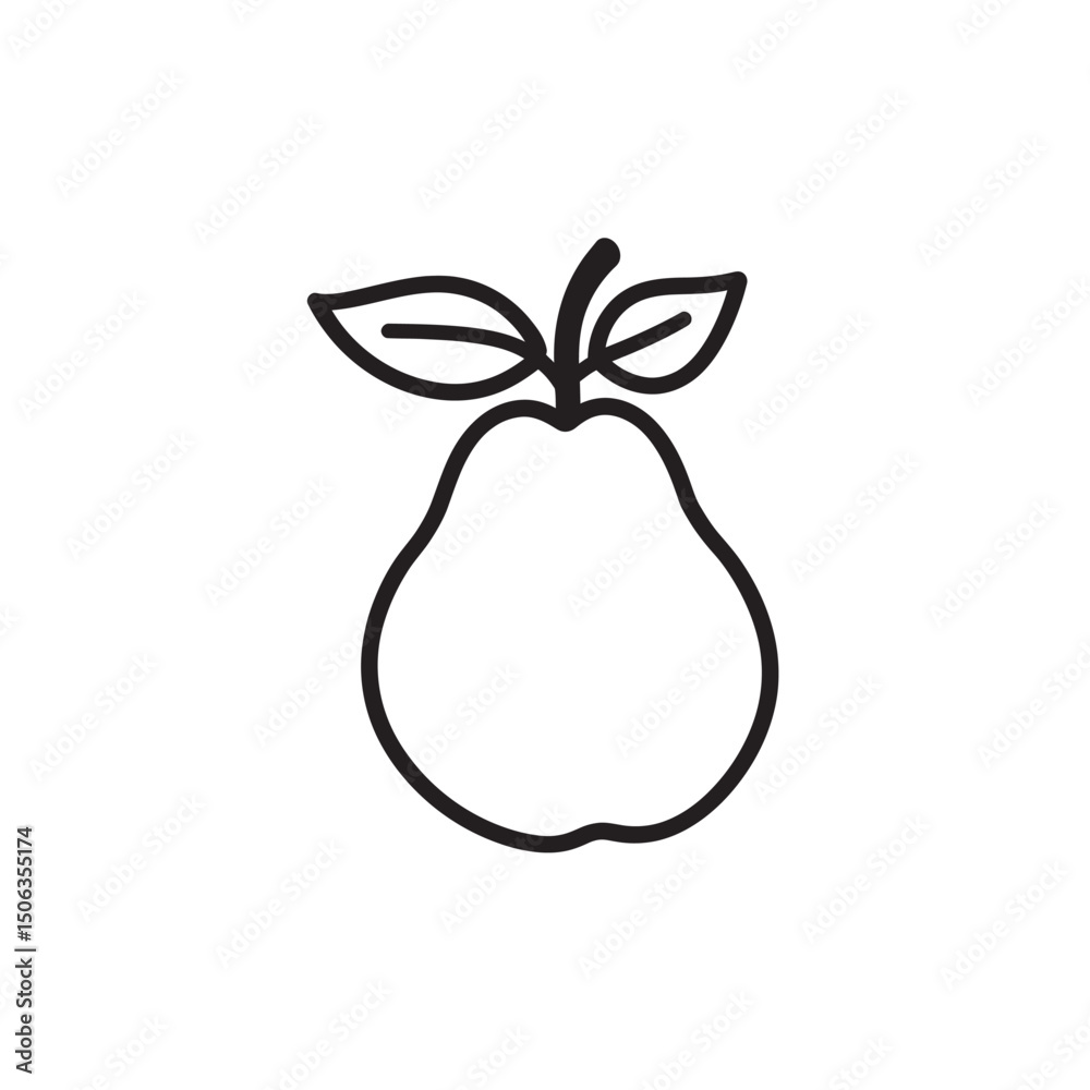 Simple pear line art presents an elegant fruit with two leaves over white Simple pear line art presents an elegant fruit with two leaves over white