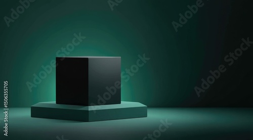 Wallpaper Mural A dark cube sits atop a teal hexagonal platform against a moody teal backdrop, subtly lit from below, creating a minimalist, product display scene Torontodigital.ca