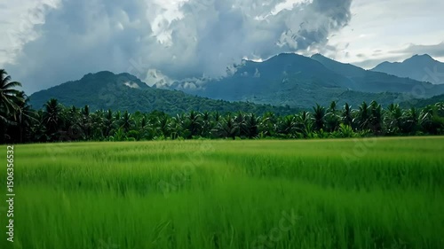Serene Green Rice Paddy Field with Majestic Mountain backdrop