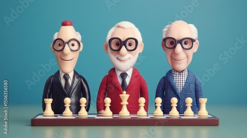 Three elderly men with glasses, dressed in suits, sit behind a chessboard, smiling, ready for a game against a blue background.