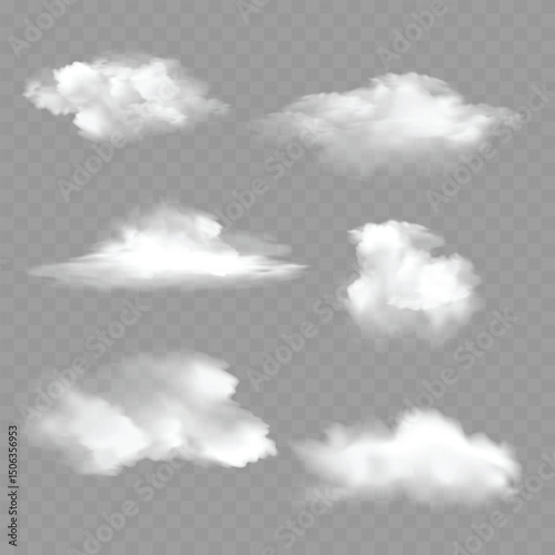 Realistic White Fluffy Cloud on Transparent Background. Vector