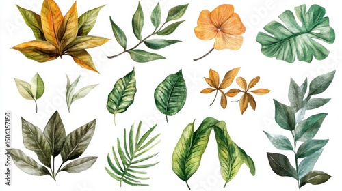 A beautiful collection of colorful watercolor leaves and flowers ideal for art and design projects. This detailed illustration showcases various shapes and hues that enhance creativity and nature
