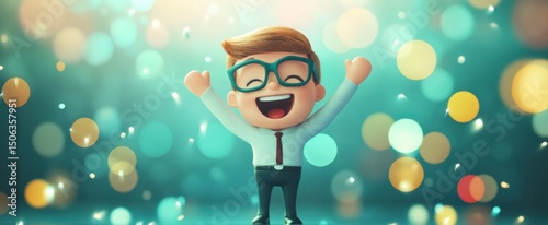A cheerful cartoon boy expresses joy with a wide smile and playful gestures against a vibrant backdrop. He embodies happiness and celebration in an engaging design.