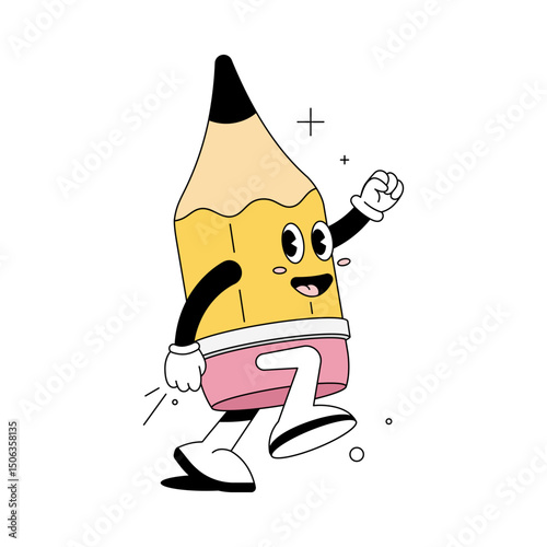Cute cartoon character of a pencil mascot with a smiling face, expressive eyes, and walking hand gesture.