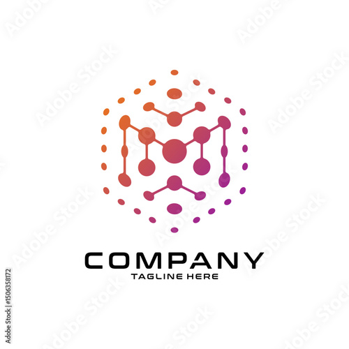 logotype letter M with dot and molecule concept logo template