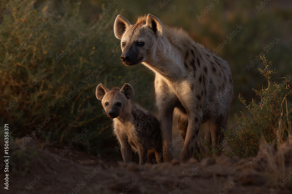 Fototapeta premium a mother hyenna and her baby in the wild
