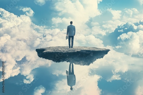 A man in a suit stands on a floating island, surrounded by serene clouds. The image conveys themes of ambition, tranquility, and the exploration of dreams.