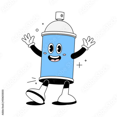 Cute cartoon character of a spray paint mascot with a smiling face, expressive eyes, and waving hand gesture.