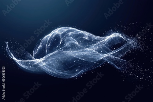 Abstract, ethereal, light-blue form, resembling a fluid, organic shape, against a dark background.  Delicate, swirling particles create a sense of motion and energy