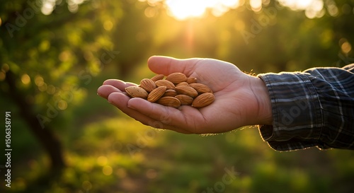 A handful of shelled almonds resting in a farmer’s hand, with a blurred natural field or grove in the background, warm lighting and high detail, 