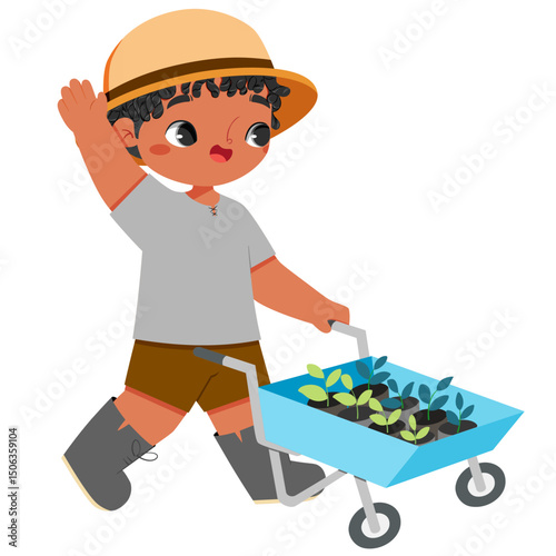 Cute african boy is pushing garden cart with seedling inside in a summer