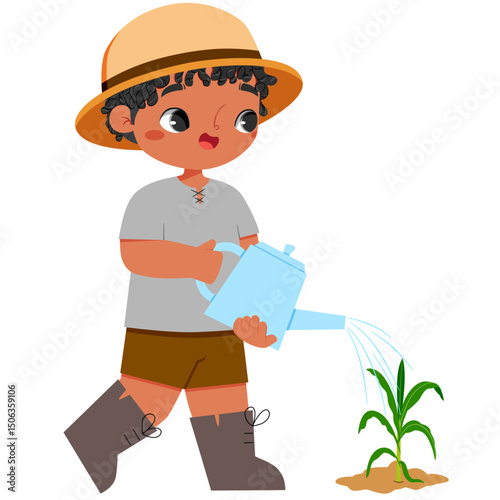 Cute african boy watering corn in farmingland at summer time