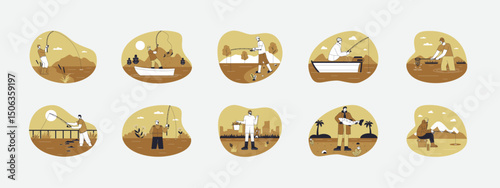 Set of fishing related flat illustrations. Linear icons collection. Flat vector illustration.