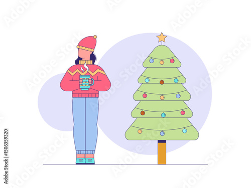 Women celebrate Christmas by drinking tea. Tea illustration. Flat outline vector illustration concept
