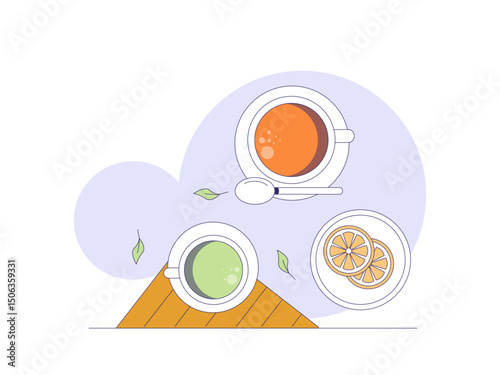 Serving lemon tea and green tea on the table. Tea illustration. Flat outline vector illustration concept