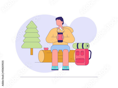 Man camping drinking tea. Tea illustration. Flat outline vector illustration concept