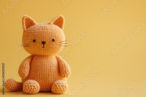 A cute knitted cat, lovingly handmade. Soft, cozy yarn texture, floppy ears, inviting and huggable. Bright natural light. 
