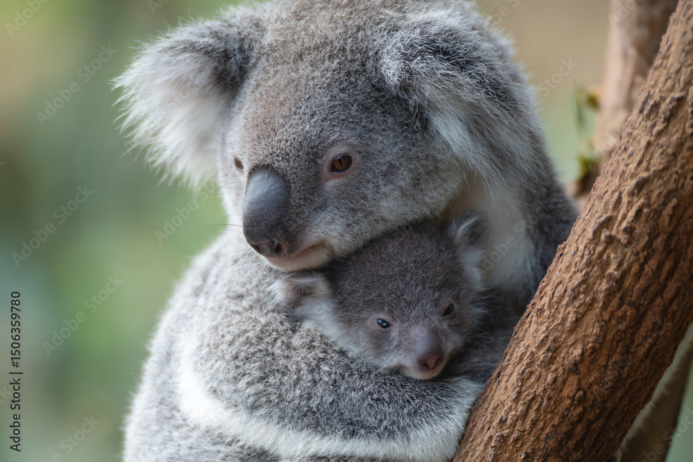 Fototapeta premium a koala holding a baby in its arms