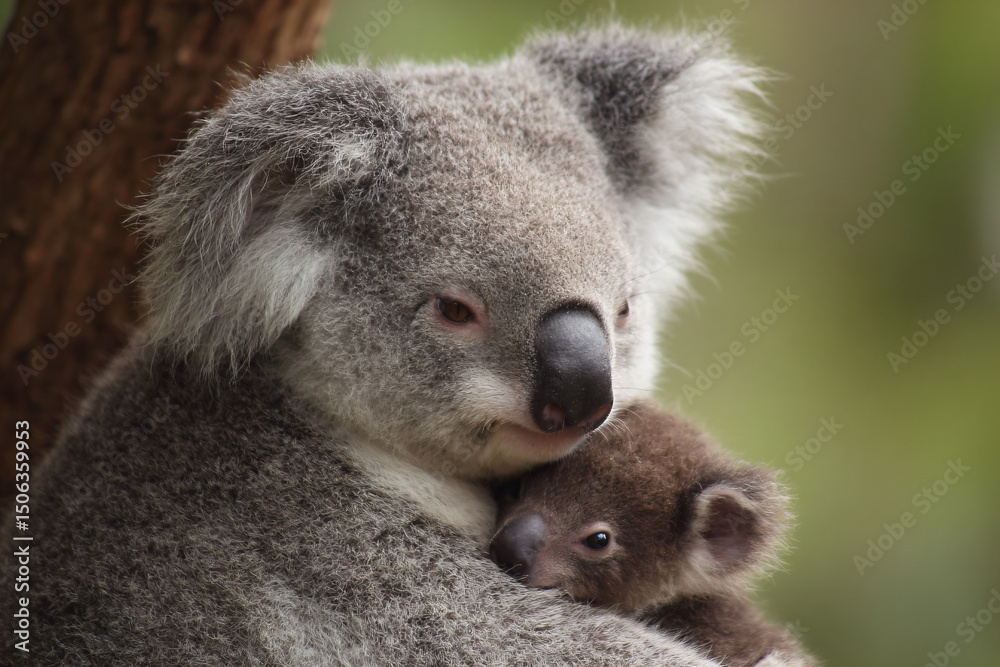 Fototapeta premium a koala holding a baby koala in its arms