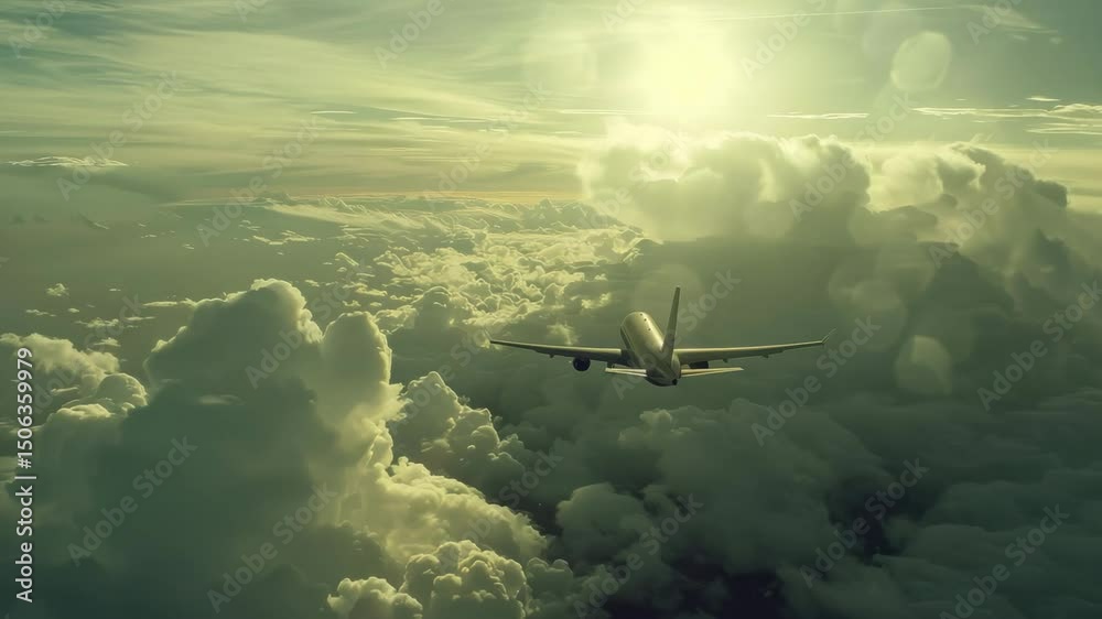 An airplane soars through the clouds, bathed in sunlight, a symbol of travel and adventure. The plane is traveling above the clouds