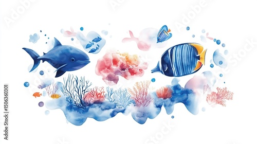 Fototapeta Naklejka Na Ścianę i Meble -  Watercolor illustration of diverse marine life, including a shark, various fish, and coral reefs, set against a backdrop of soft, flowing watercolor washes