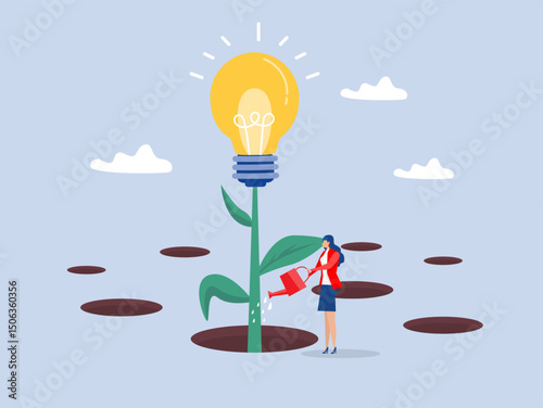 businesswoman  watering to reach lightbulb grow plant,Creativity idea, solution or persuade success improvement progress, personal development concept vector