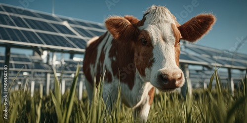 Dairy Cow in Green Field with Solar Panels Showcasing Renewable Energy and Sustainable Farming