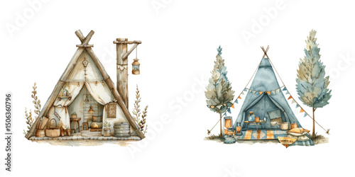 glamping watercolor vector illustration