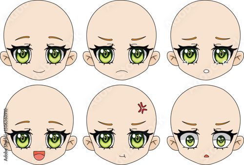 Chibi Girl Face Expression Front View Set Of 6 Vector