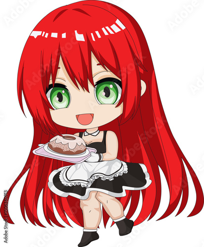 Chibi Maid With Cake Girl Cartoon Character Vector