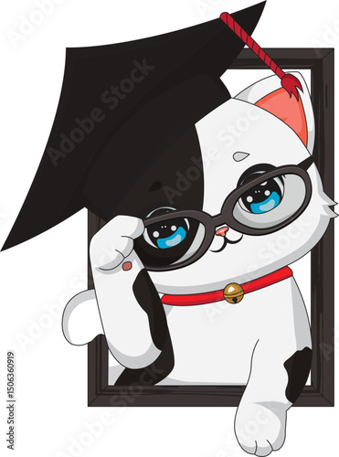 Cat Wearing Graduation Hat Inside The Frame Vector