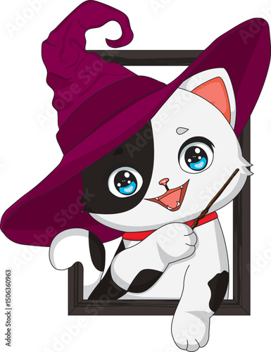 Cat Wearing Witch Hat Inside The Frame Vector